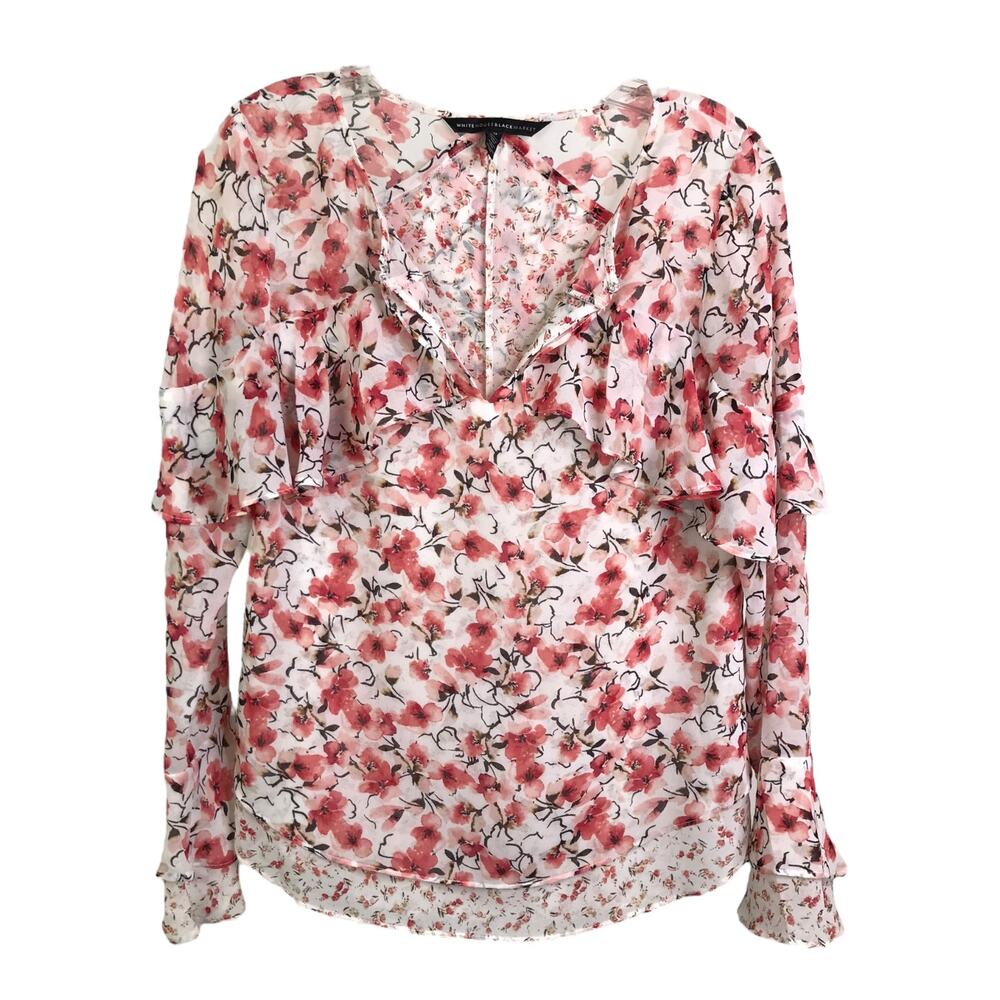 White House Black Market Blouse Womens 0 Pink Cottage Core Floral Ruffled Sleeve